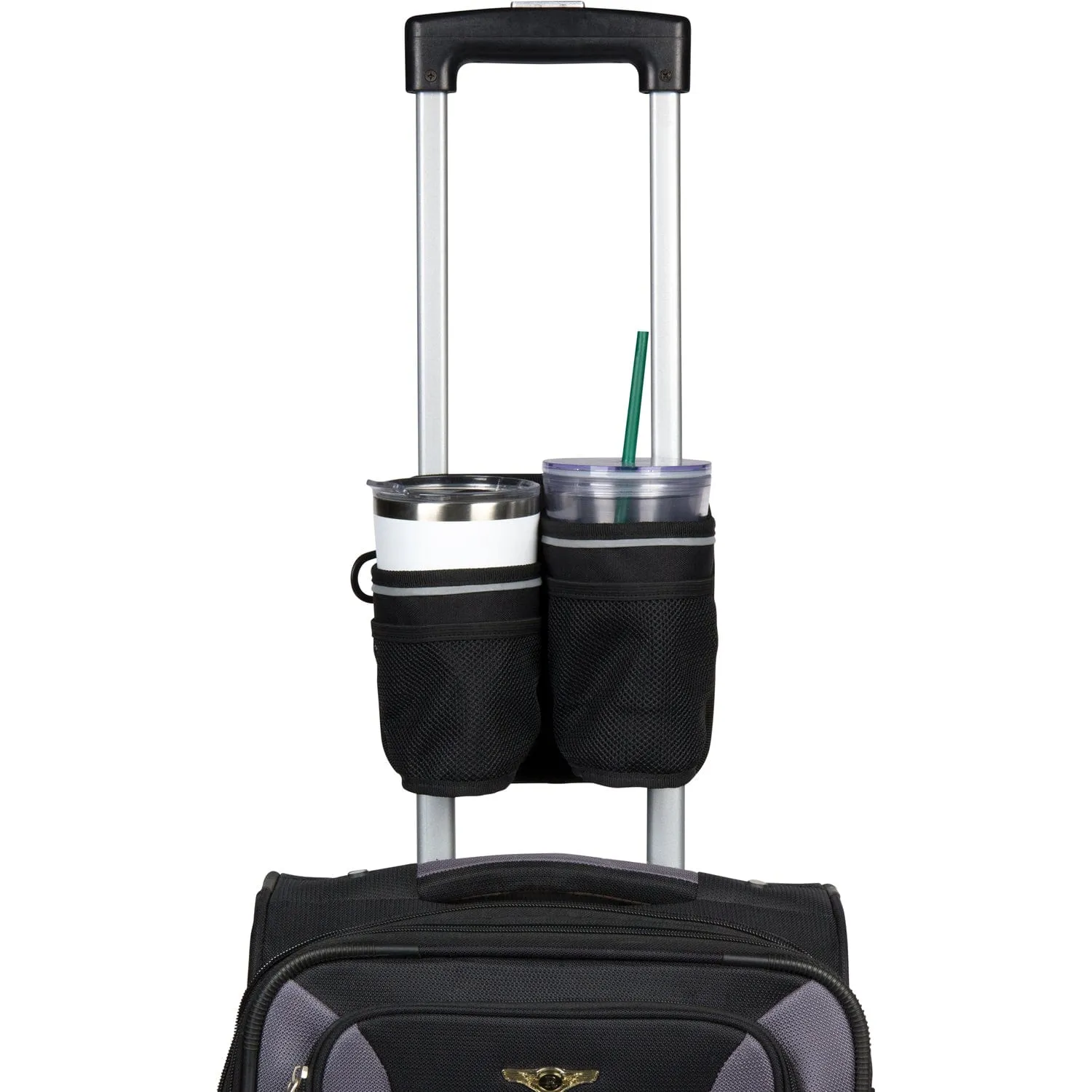 Travel-Friendly Folding Dual Drink Holder with Storage for Cases & Luggage with a Telescopic Handle